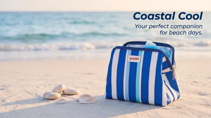 A wide beach banner with the cooler bag, headline "Coastal Cool"