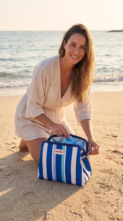 A woman kneeling on the sand opening the cooler bag